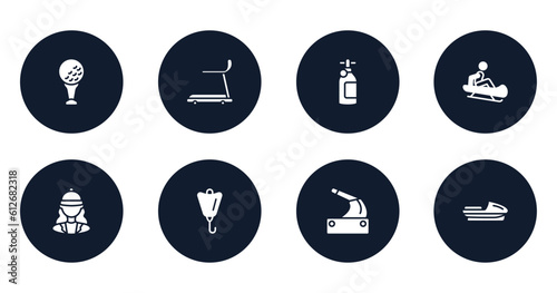 extreme sports filled icons set. flat filled icons sheet included tee, cardio, , sledding, horsewoman, lift bag, handbrake, speedboat vector.