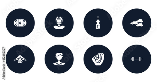 gym equipment filled icons set. flat filled icons sheet included arena, rugby player, isotonic, apex, hang gliding, karateka, baseball ball, barbell vector.