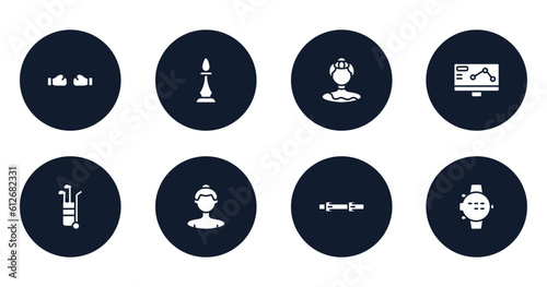 diving filled icons set. flat filled icons sheet included punching, chesspiece, gymnast, telemetry, golf caddy, sumotori, diving belt, dive computer vector.