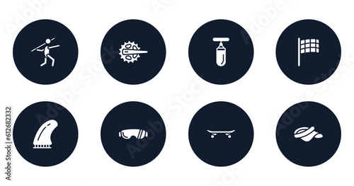 golf filled icons set. flat filled icons sheet included javelin, crank, sand bag, black flagged, fin, sport sunglasses, longboard, visor vector.