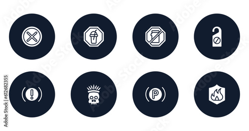 safety filled icons set. flat filled icons sheet included unchecked, milk shake, no mobile phone, do not disturbe, brake system warning, native american skull, parking lights, fire vector.