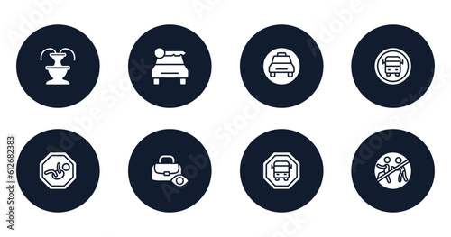 swimming pool rules filled icons set. flat filled icons sheet included fountain, car rental, taxi stop, school bus stop, baby zone, watch your belongings, scholar bus stop, chasing prohibited