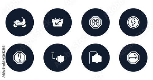 indications filled icons set. flat filled icons sheet included motorbike riding, 60 degree laundry, site seeing place, shock, caution, shield, ornamental, smoke zone vector.