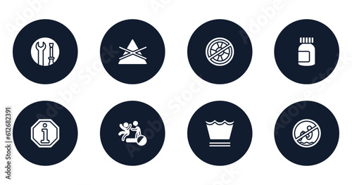 swimming pool rules filled icons set. flat filled icons sheet included wrench and screwdriver, do not bleach, no lifeguard, pills jar, information, no pushing, delicate washcycle, no bomb jump
