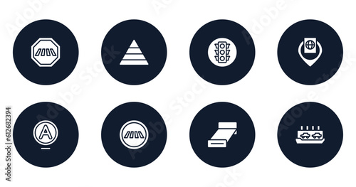 indications filled icons set. flat filled icons sheet included crossing road caution, pyramidal structure, round traffic, inmigration check point, any solvent with advice, road crossing, bed 3d