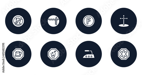 indications filled icons set. flat filled icons sheet included sick people not allowed, pool depth, petroleum solvent, cross stuck in ground, cafe bar, throw to the bin, iron high temperature, phary