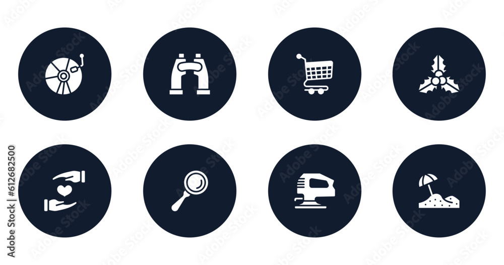 general filled icons set. flat filled icons sheet included cd record, binocular, shopping trolley, mistletoe leaves, heart between hands, magnifiying glass, fretsaw, sand vector. general filled icons set. flat filled icons sheet included cd record, binocular, shopping trolley, mistletoe leaves, heart between hands, magnifiying glass, fretsaw, sand vector.