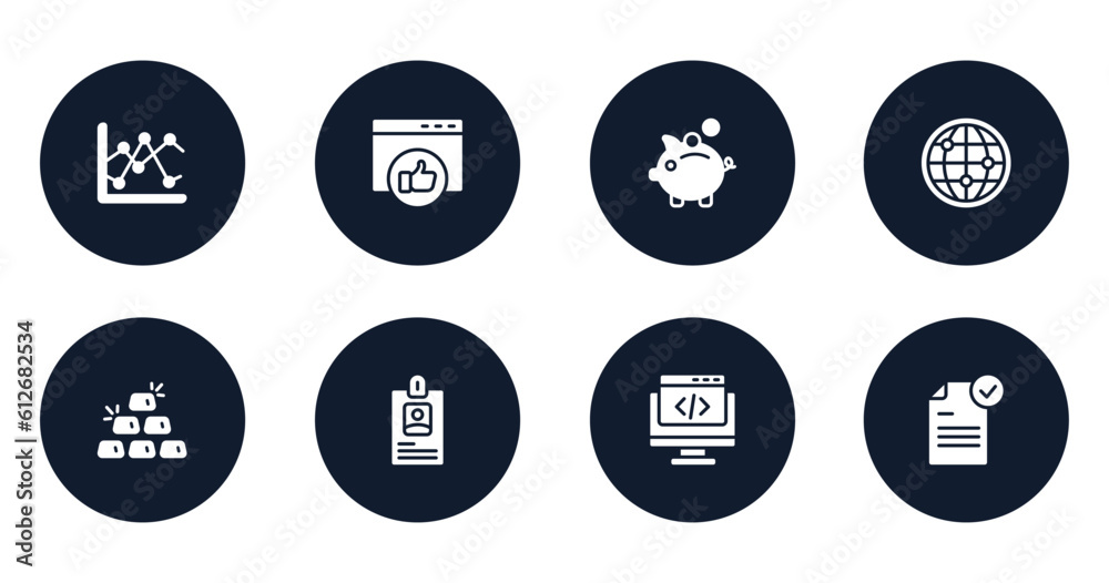 marketing and seo filled icons set. flat filled icons sheet included two lines chart, favorite web, pig bank, big globe, six gold bars, long id card, webcode, file submit vector. marketing and seo filled icons set. flat filled icons sheet included two lines chart, favorite web, pig bank, big globe, six gold bars, long id card, webcode, file submit vector.