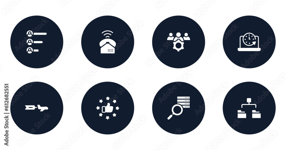 business and charts filled icons set. flat filled icons sheet included voting results, ringing, team management, circular clock, aerial advertising, satisfied, data searching, diagram folder vector.
