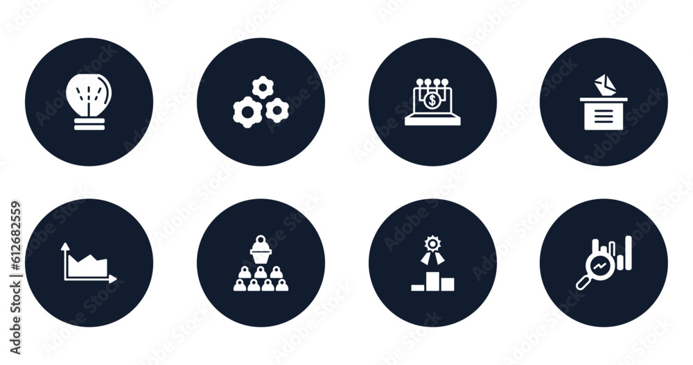business and charts filled icons set. flat filled icons sheet included lightbulb gross, wheel with cogs, digital finance, manual voting, area chart, seminar, competitive, search stats vector.