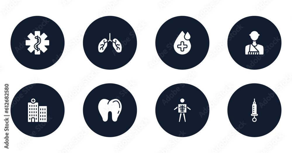 medical icons filled icons set. flat filled icons sheet included star of life, lungs organ, drop with hospital, man with broken arm, hospital, teeth, , syringe with medicine vector. medical icons filled icons set. flat filled icons sheet included star of life, lungs organ, drop with hospital, man with broken arm, hospital, teeth, , syringe with medicine vector.