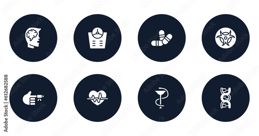 in the hospital filled icons set. flat filled icons sheet included head with brain, bathroom scales, two color pill, toxic, hurted finger with bandage, heart with electrocardiogram, phary, dna in the hospital filled icons set. flat filled icons sheet included head with brain, bathroom scales, two color pill, toxic, hurted finger with bandage, heart with electrocardiogram, phary, dna