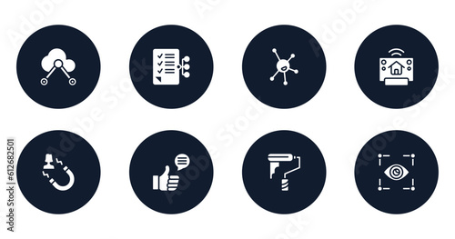 general filled icons set. flat filled icons sheet included internet of things, smart contract, organism, smart home hub, user attraction, social campaign, painting work, trackability vector.