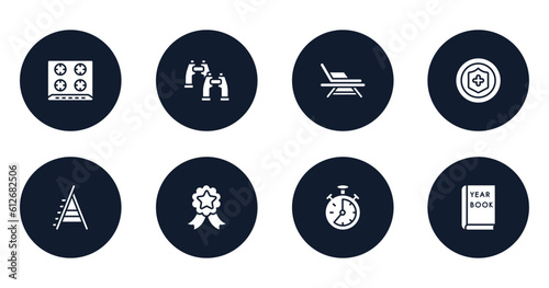 general filled icons set. flat filled icons sheet included hob, pair of binoculars, deckchair, insurance with a button, stepladder, winning, analog stopwatch, yearbook vector.
