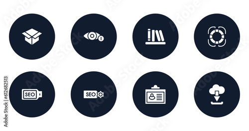 multimedia marketing filled icons set. flat filled icons sheet included unboxing, views, calibre, rescue, seo tag, seo label, credential, download from cloud vector.