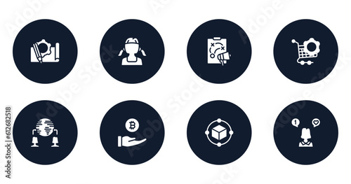general filled icons set. flat filled icons sheet included prototyping, teenager, marketing plan, procurement, outsourcing, initial coin offering, model preparation, social media specialist vector.