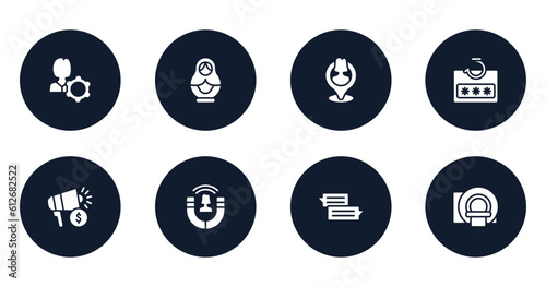 general filled icons set. flat filled icons sheet included user behavior, matryoshka, placement, password phishing, marketing budget, user engagement, text chat, mri scanner vector.