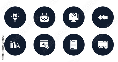 marketing and seo filled icons set. flat filled icons sheet included light modern lamp tool, women bag, play video, two left arrows, analythic, web cursor, content management, page quality vector.
