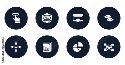 business filled icons set. flat filled icons sheet included subscription, cdn, web crawler, speech bubbles, differentiation, diagram files, diagrams, employing vector.