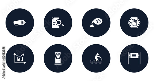 advertising filled icons set. flat filled icons sheet included product promotion, defining, recommendation, ad blocker, analytic chart, atm hine, water ski, road banner vector.