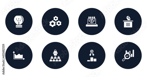 business and charts filled icons set. flat filled icons sheet included lightbulb gross, wheel with cogs, digital finance, manual voting, area chart, seminar, competitive, search stats vector.