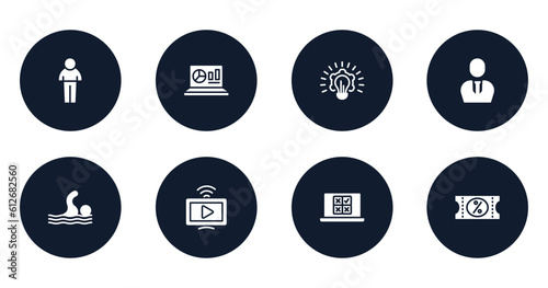 advertisement filled icons set. flat filled icons sheet included person shape, statistics on screen, creative plan, businessman with tie, swim, live streaming, online voting, discount voucher