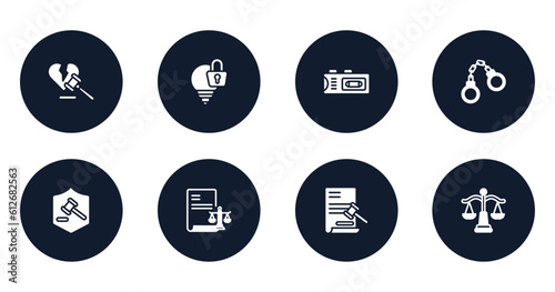 law and justice filled icons set. flat filled icons sheet included divorce, intellectual property, recorder, criminal law, defense, corporative law, documents, balance vector.