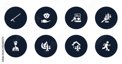 law and justice filled icons set. flat filled icons sheet included baton, child custody, law paper, law and justice, accident and injuries, environmental real estate escape vector.