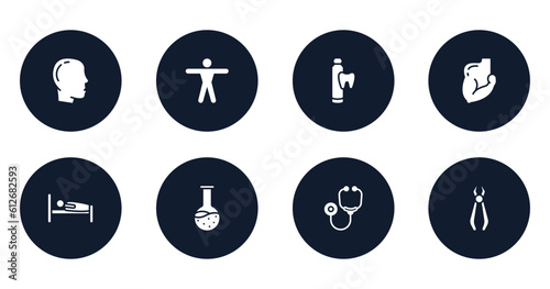 dentist filled icons set. flat filled icons sheet included male with bald hair side view, men, toothpaste tube, muscular arm, human sleeping on bed, test tube and flask, stethoscope, forceps of