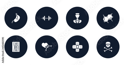 in the hospital filled icons set. flat filled icons sheet included esophagus, weight, medical doctor, biology shape, x ray of bones, united heterosexual, bandage cross, skull and crossbones vector.