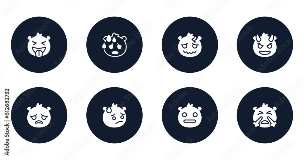 emoji filled icons set. flat filled icons sheet included tongue emoji, sweating emoji, headache smiling with horns sad embarrassed expressionless with steam from e vector.