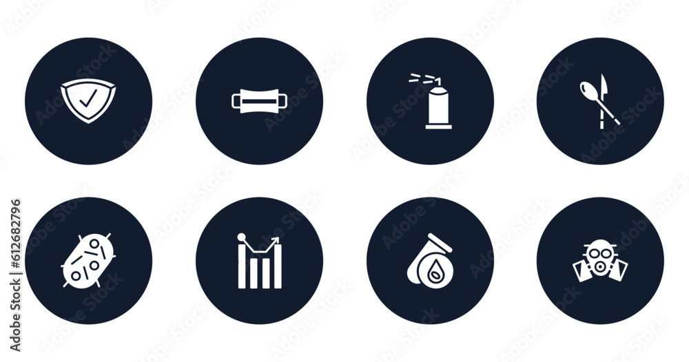 filled icons set. flat filled icons sheet included protected, hygiene mask, spray, cutlery, bacteria, statistics, blood test, respirator vector.