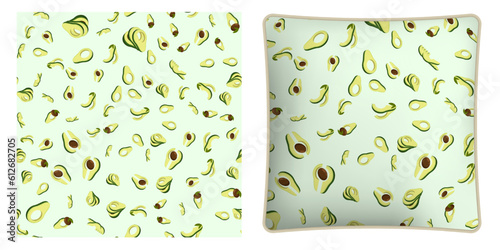 Square decorative pillow, bedroom accessory decorated Avocado cutting fruit seamless pattern. Avocado wedges and slices. Vector ornament for design of posters and printing on textile