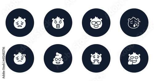 emoji filled icons set. flat filled icons sheet included pouting emoji, surprised emoji, cool sleep downcast with sweat poo puking vector.