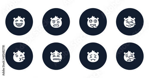 emoji filled icons set. flat filled icons sheet included laughing emoji, sceptic emoji, stupid lying love secret pensive liar vector.