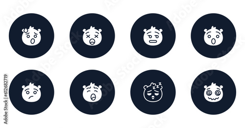 emoji filled icons set. flat filled icons sheet included exhausted emoji, frowning with open mouth emoji, dissapointment hushed annoyed yawning sleeping hypnotized vector.
