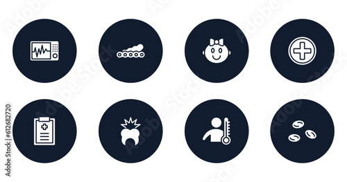 blood donation filled icons set. flat filled icons sheet included icu, soy, baby girl, red cross, medical prescription, toothache, fever, blood cells vector.