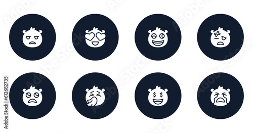 emoji filled icons set. flat filled icons sheet included bored emoji, in love emoji, weird injured slightly frowning sneezing rich crying vector.