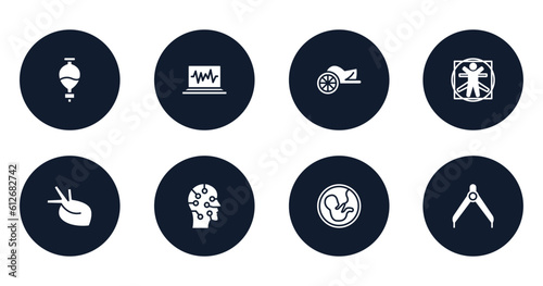 in the library filled icons set. flat filled icons sheet included separating funnel, electrocardiogram, chariot, vitruvian man, organ, artificial, embryo, divider vector.