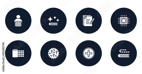 in the library filled icons set. flat filled icons sheet included fee, spell, as, microprocessor, gauze, ovule, hospital, bookworm vector.