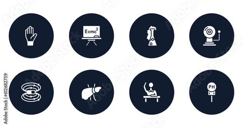laboratory filled icons set. flat filled icons sheet included raise hand, relativity, chemicals, alarm bell, magnetic field, liver, raising hand, ph vector.