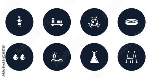 school filled icons set. flat filled icons sheet included headmistress, bookshelf, metabolism, petri dish, blood type, wise, volumetric flask, flipchart vector.