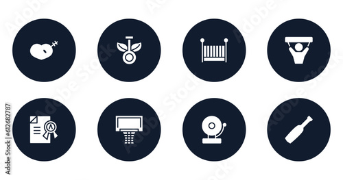 sports filled icons set. flat filled icons sheet included treason, chlorophyll, cradle, fans, grade, basketball equipment, school bell, baseball bat vector.