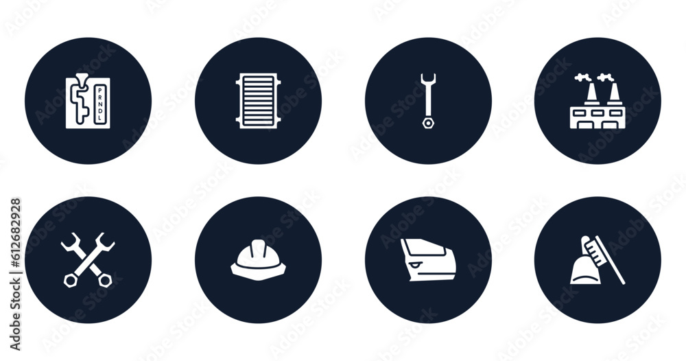 toolbox filled icons set. flat filled icons sheet included automatic transmission, air filter, repair wrench, wastes, double wrench, utensils, car door, dustpan and brush vector.