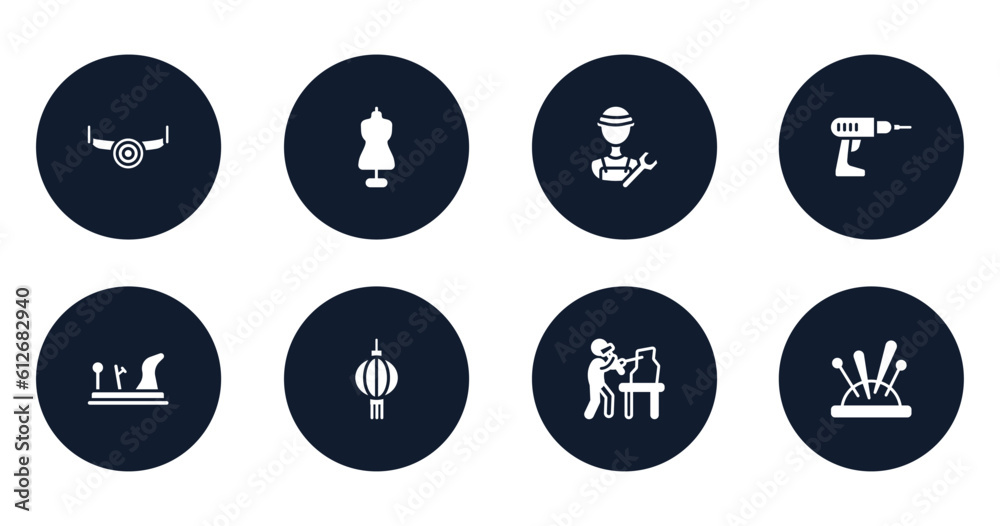 handcraft filled icons set. flat filled icons sheet included sawmill, tailor, plumber, hand drill, wood plane, paper lantern, sculptor, needle holder vector. handcraft filled icons set. flat filled icons sheet included sawmill, tailor, plumber, hand drill, wood plane, paper lantern, sculptor, needle holder vector.