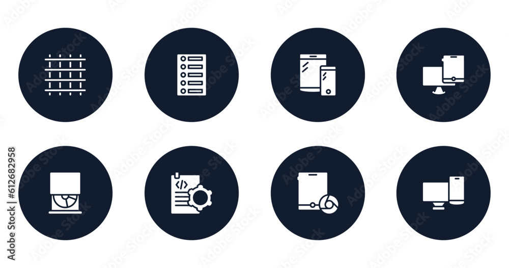 computer devices filled icons set. flat filled icons sheet included big grid, list of options, tablet and phone, monitor and tablet, cd drive, document tings, tablet and browser, screens vector.