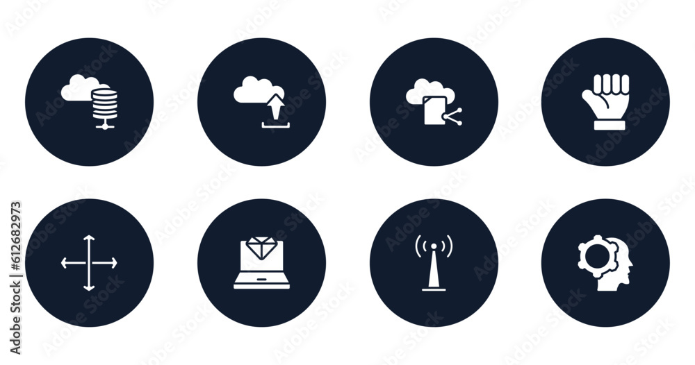 computer and media filled icons set. flat filled icons sheet included server for cloud, uploading from computer, file sharing on internet, clenched fist, vertical and horizontal arrows, laptop with