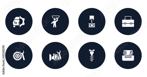 toolbox filled icons set. flat filled icons sheet included car service, man, piston, lunchbox, tyre, side mirror, garage screw, wrench and nut vector.