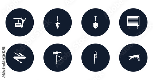 car parts filled icons set. flat filled icons sheet included pedals, garden palette, gardening palette, garage wrench, swiss knife, hammer and nail, stillson wrench, fender vector.