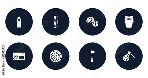 mining and crafting filled icons set. flat filled icons sheet included overalls, tiremarks, oil gauge, water bucket, business cards, applique, sledgehammer, woodcutter vector.